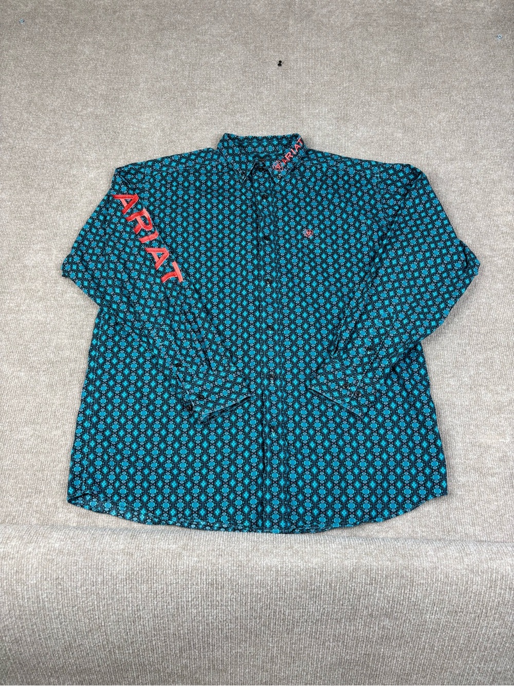 Ariat Shirt Mens Large Button Down Green Embroidered Spell Out Western Rodeo
